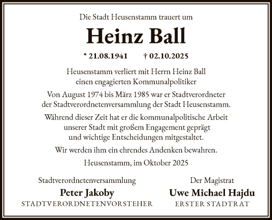 Traueranzeige von Heinz Ball von OF0T