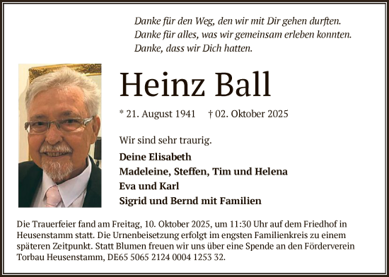 Traueranzeige von Heinz Ball von OF0T
