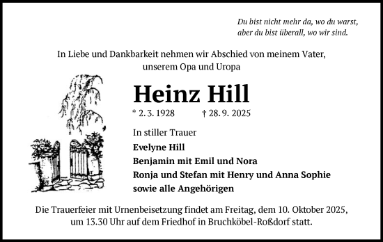 Traueranzeige von Heinz Hill von OFHA