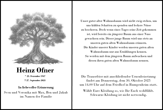 Traueranzeige von Heinz Ofner von OFOP