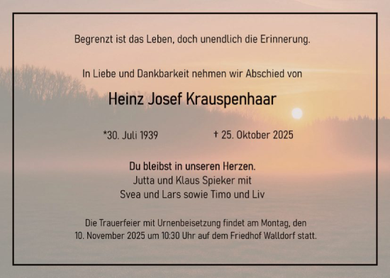 Traueranzeige von Heinz Josef Krauspenhaar von OFMF