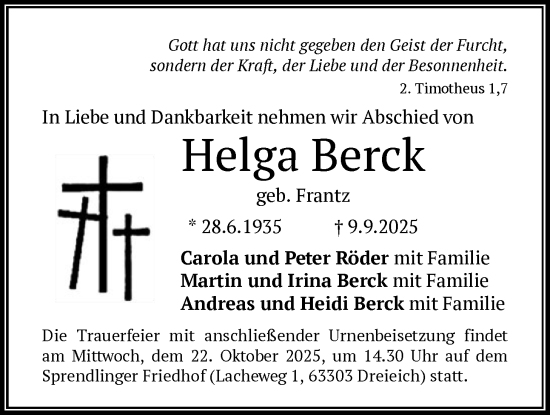 Traueranzeige von Helga Berck von OF0W