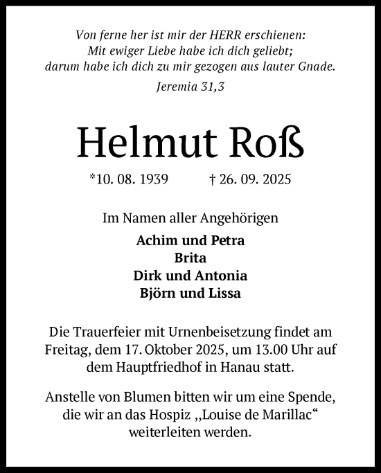 Traueranzeige von Helmut Roß von OFHA