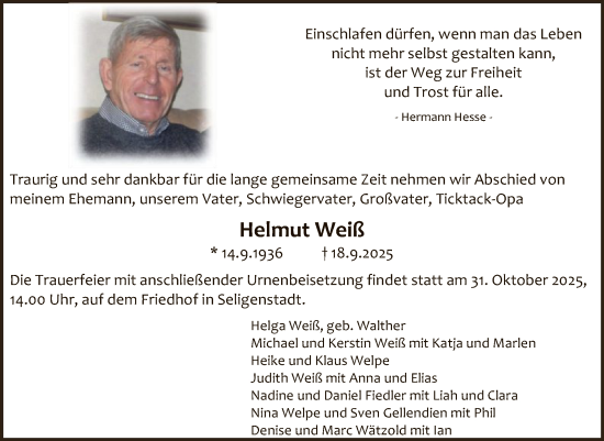 Traueranzeige von Helmut Weiß von OFOP