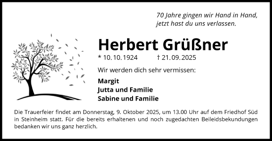 Traueranzeige von Herbert Grüßner von OFHA