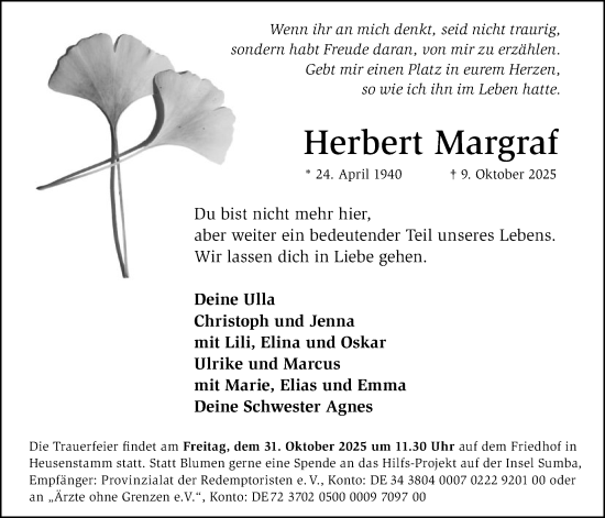 Traueranzeige von Herbert Margraf von OFOP