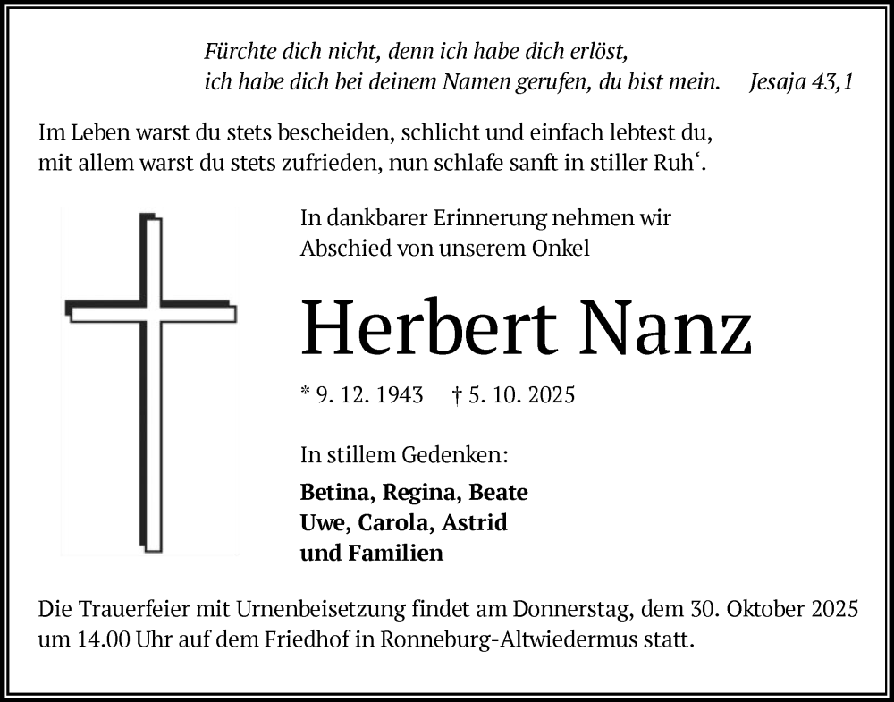 Traueranzeige für Herbert Nanz vom 25.10.2025 aus OFHA