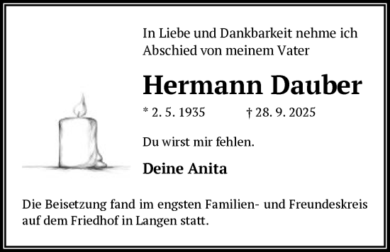 Traueranzeige von Hermann Dauber von OF0W
