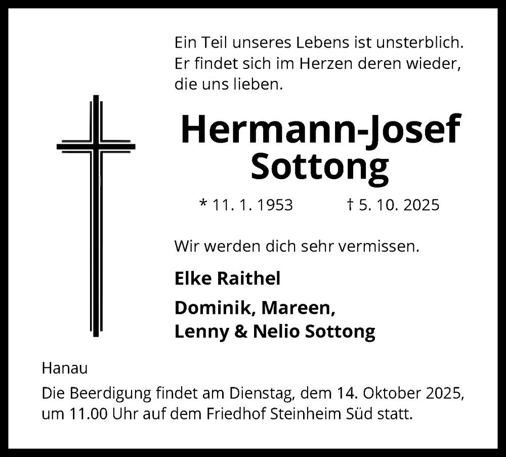  Traueranzeige für Hermann-Josef Sottong vom 11.10.2025 aus OFHA