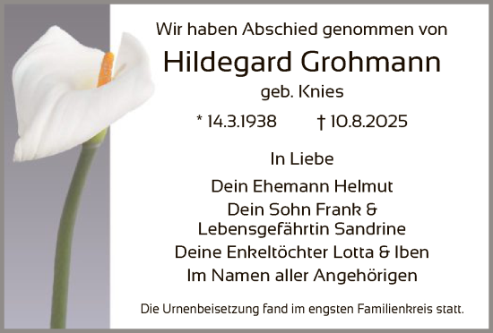 Traueranzeige von Hildegard Grohmann von OFOP