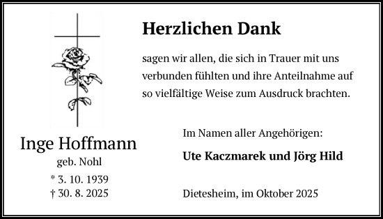 Traueranzeige von Inge Hoffmann von OFOP