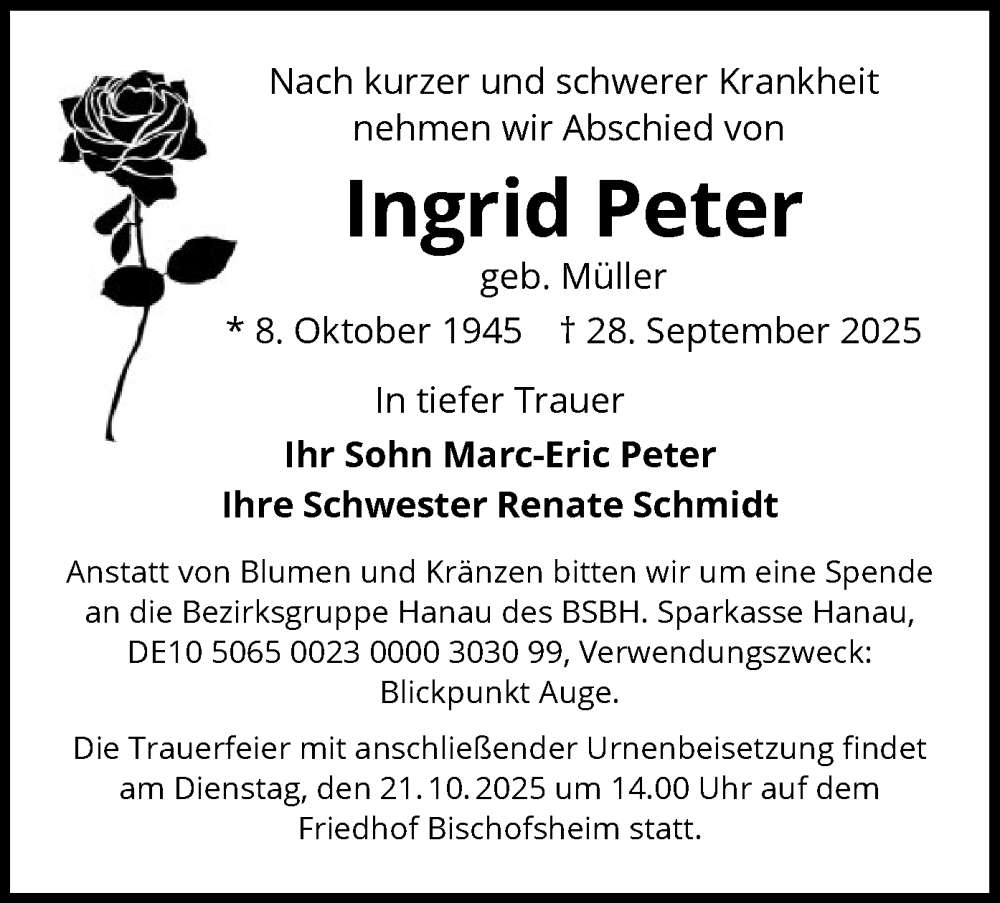  Traueranzeige für Ingrid Peter vom 11.10.2025 aus OFHA