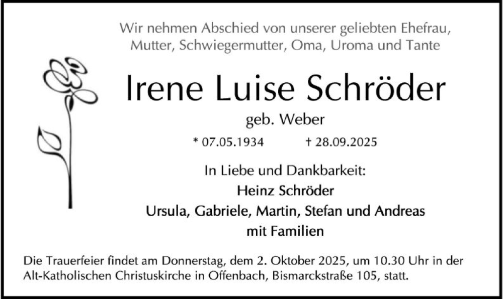  Traueranzeige für Irene Luise Schröder vom 01.10.2025 aus OFOP