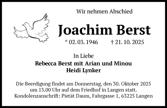Traueranzeige von Joachim Berst von OFOP