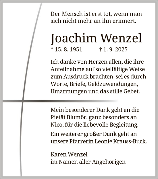 Traueranzeige von Joachim Wenzel von OF0L