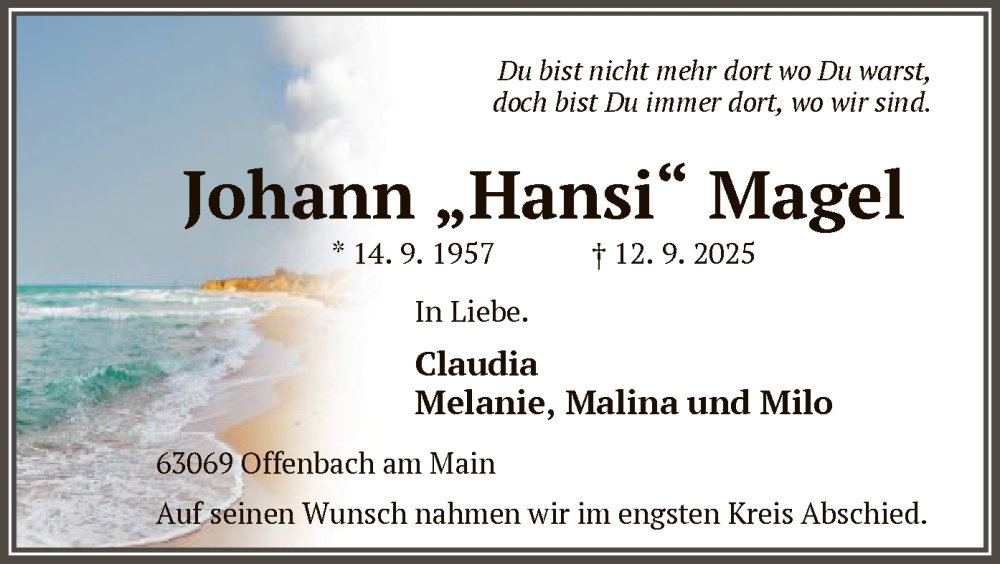  Traueranzeige für Johann Magel vom 04.10.2025 aus OFOP