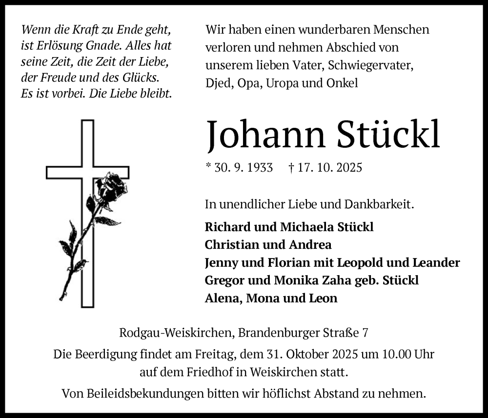  Traueranzeige für Johann Stückl vom 25.10.2025 aus OFOP