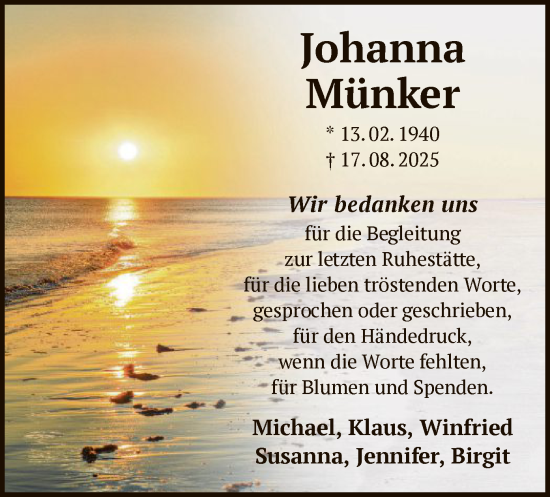 Traueranzeige von Johanna Münker von OFMF