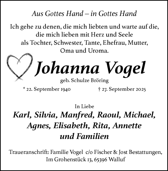Traueranzeige von Johanna Vogel von OFOP