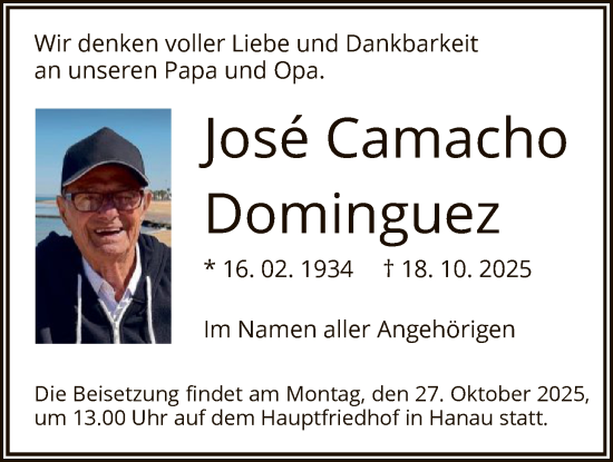 Traueranzeige von José Camacho von OFHA