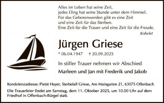 Traueranzeige von Jürgen Griese von OFOP