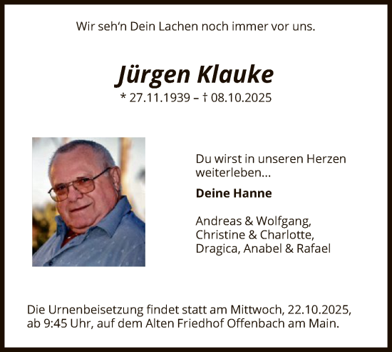 Traueranzeige von Jürgen Klauke von OFOP