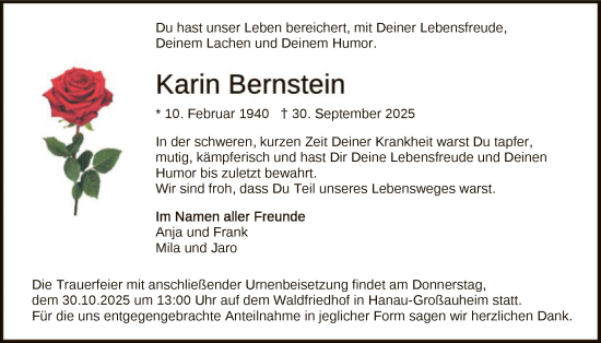Traueranzeige von Karin Bernstein von OFHA