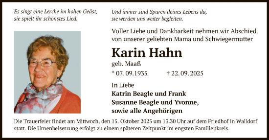 Traueranzeige von Karin Hahn von OFMF