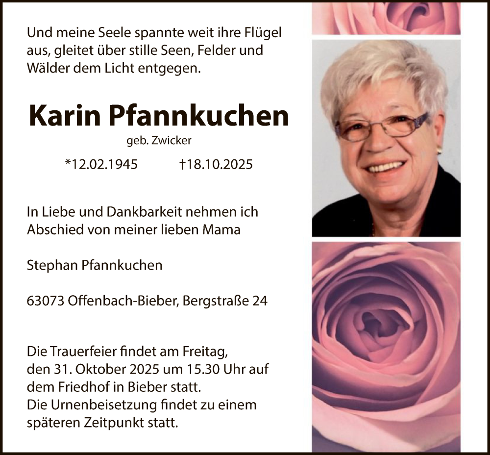  Traueranzeige für Karin Pfannkuchen vom 25.10.2025 aus OFOP