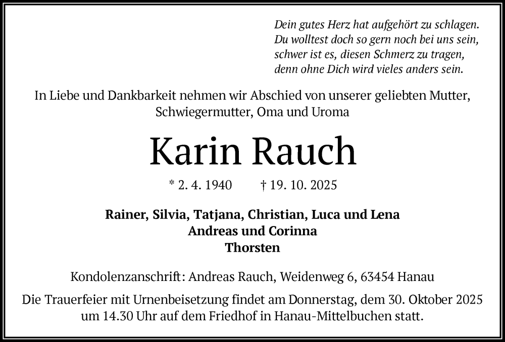  Traueranzeige für Karin Rauch vom 25.10.2025 aus OFHA