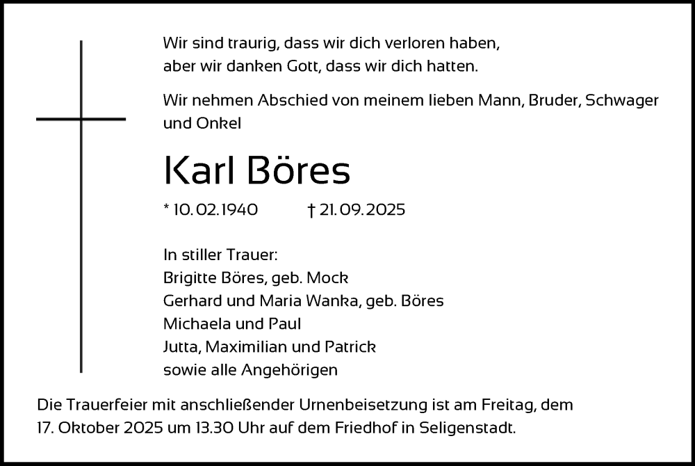  Traueranzeige für Karl Böres vom 11.10.2025 aus OF0L