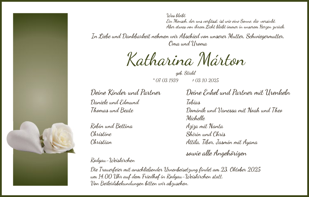  Traueranzeige für Katharina Marton vom 18.10.2025 aus OFOP