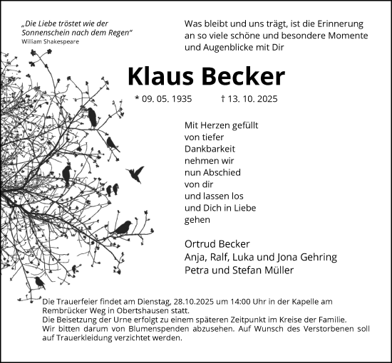Traueranzeige von Klaus Becker von OFOP