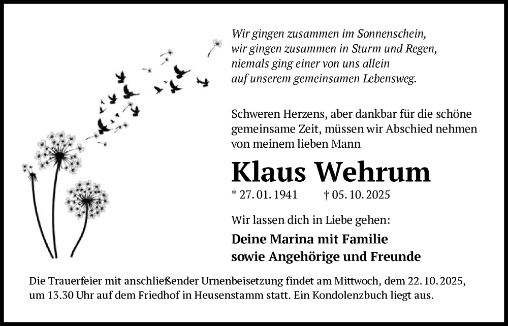  Traueranzeige für Klaus Wehrum vom 18.10.2025 aus OFOP