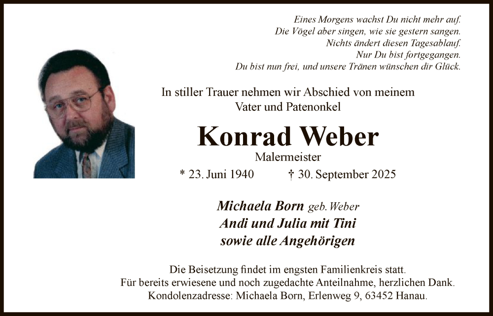  Traueranzeige für Konrad Weber vom 18.10.2025 aus OFHA
