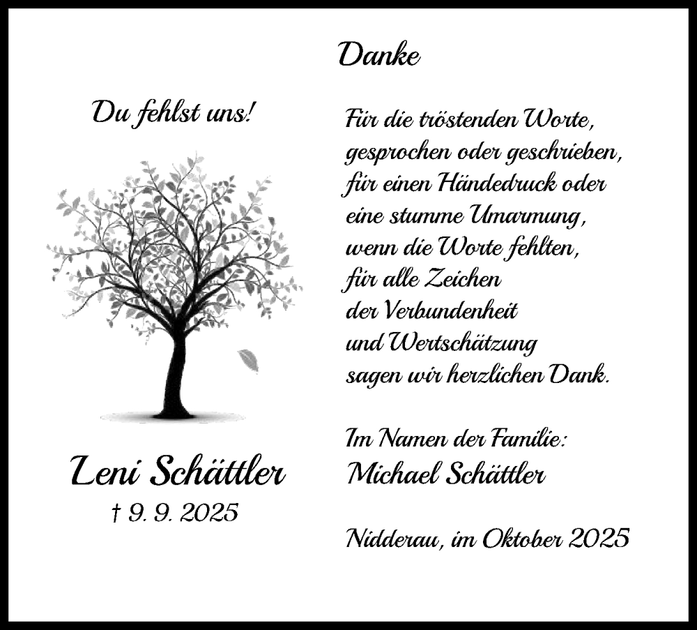  Traueranzeige für Leni Schättler vom 11.10.2025 aus OFHA