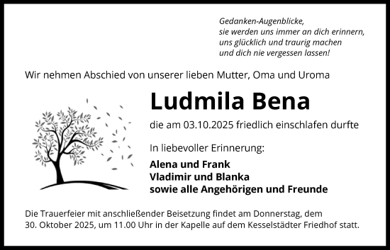 Traueranzeige von Ludmila Bena von OFHA