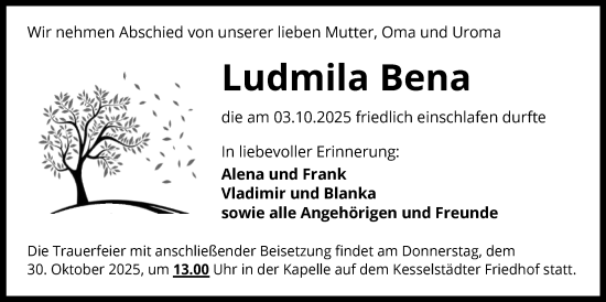 Traueranzeige von Ludmila Bena von OFHA