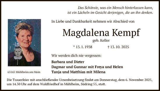 Traueranzeige von Magdalena Kempf von OFOP