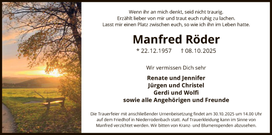 Traueranzeige von Manfred Röder von OFHA