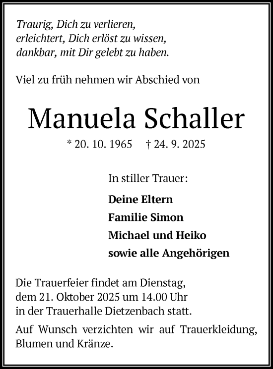 Traueranzeige von Manuela Schaller von OF0L