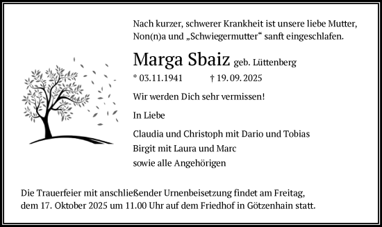 Traueranzeige von Marga Sbaiz von OF0W