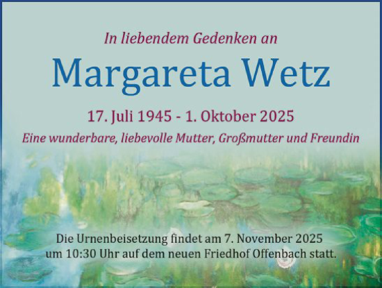 Traueranzeige von Margareta Wetz von OFOP