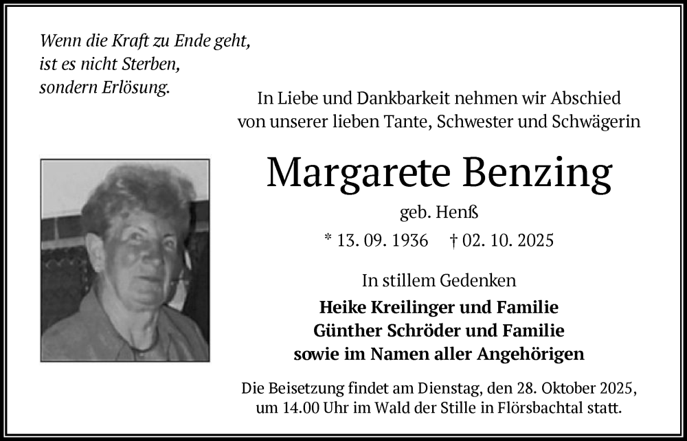  Traueranzeige für Margarete Benzing vom 18.10.2025 aus OFHA