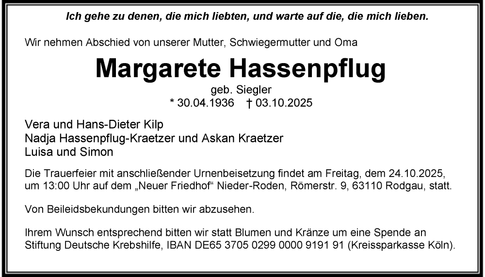  Traueranzeige für Margarete Hassenpflug vom 18.10.2025 aus OF0L