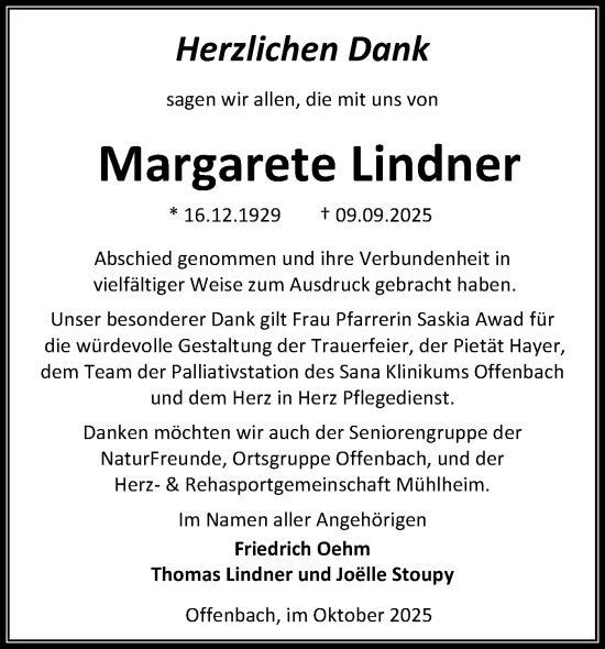 Traueranzeige von Margarete Lindner von OFOP