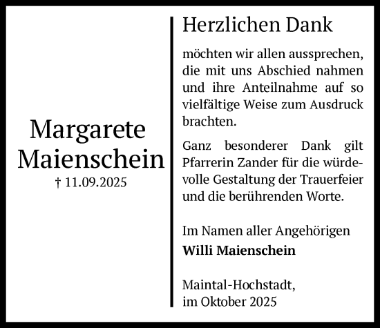 Traueranzeige von Margarete Maienschein von OFHA