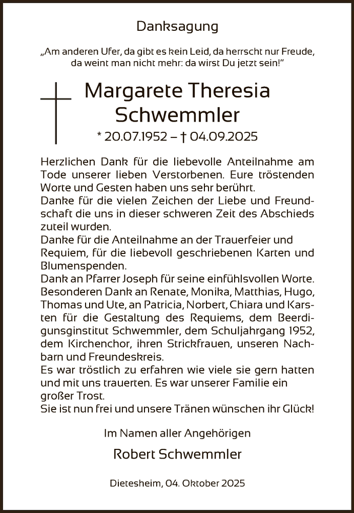  Traueranzeige für Margarete Theresia Schwemmler vom 04.10.2025 aus OFOP