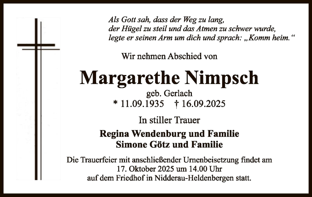  Traueranzeige für Margarethe Nimpsch vom 04.10.2025 aus OFHA