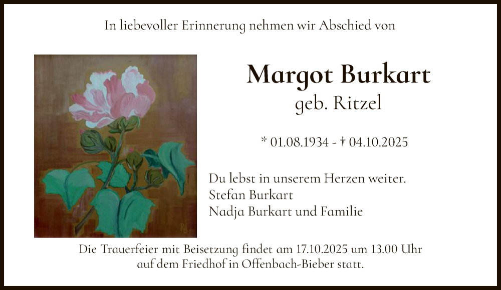  Traueranzeige für Margot Burkart vom 11.10.2025 aus OFOP